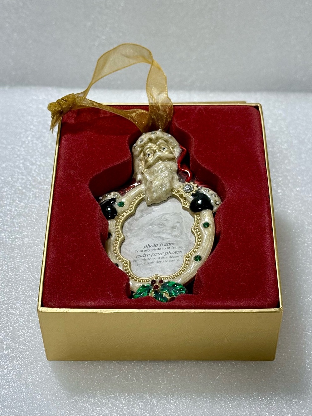 Santa Jeweled Rhinestone Photo Frame Christmas Ornament Metal